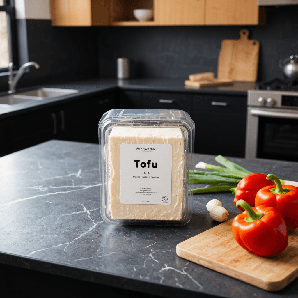 product photography of a package of tofu, used for cooking and food preparation, featuring a clear plastic container