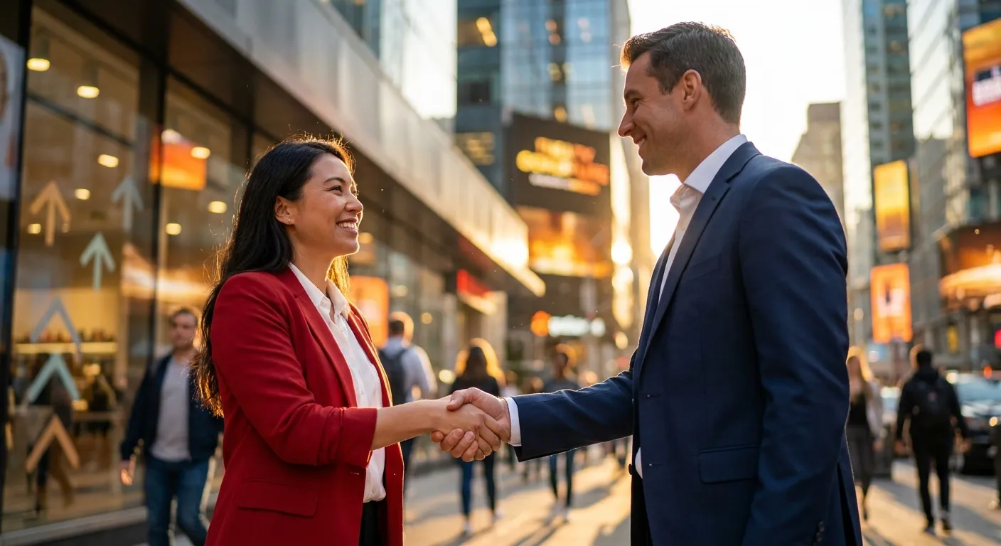 Two professionals shake hands on a bustling city street; RockN' Socials Digital Marketing Agency.