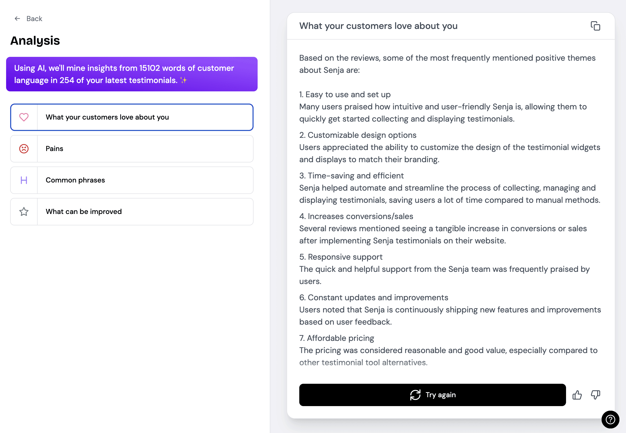 Senja's analyze testimonial tool shows you what customers love