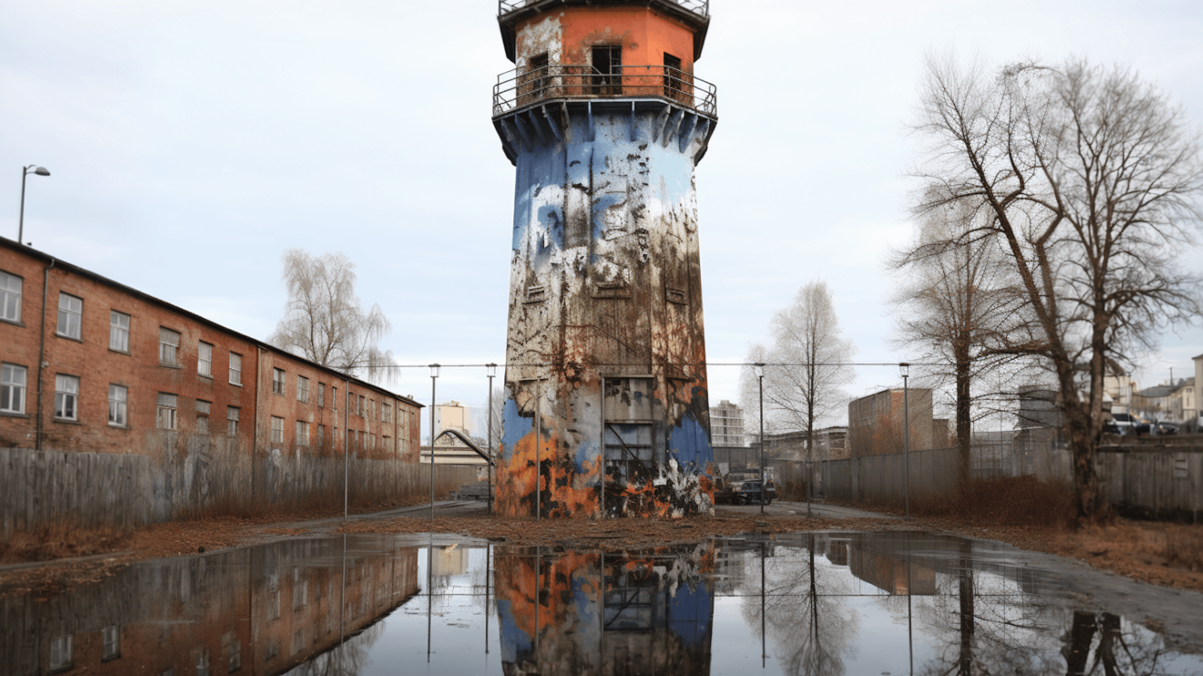 A colorful tower reflected in still water, surrounded by trees and buildings under a cloudy sky.
