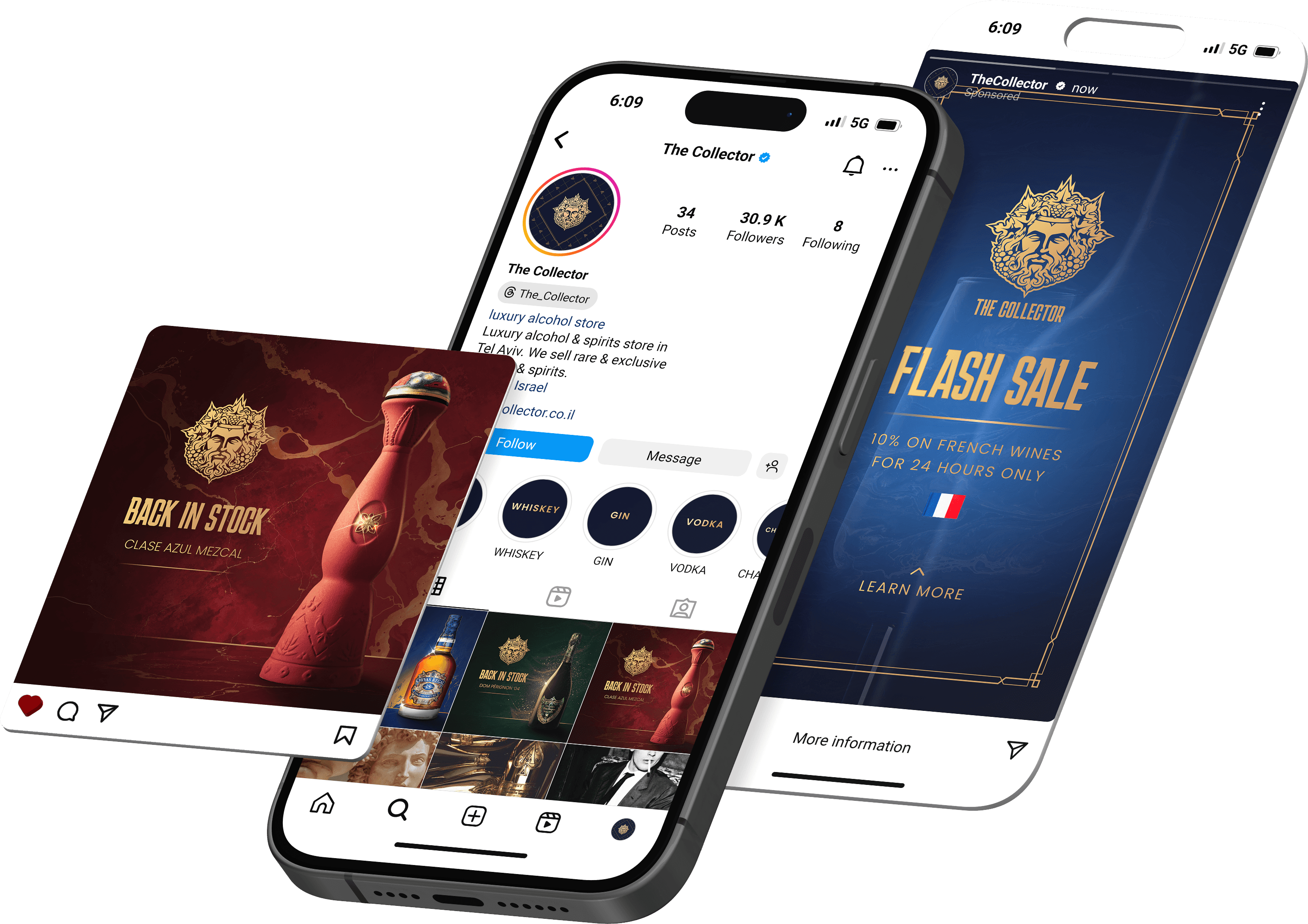 Mockup of luxury social media marketing posts displayed on modern smartphones with premium branding and promo visuals.
