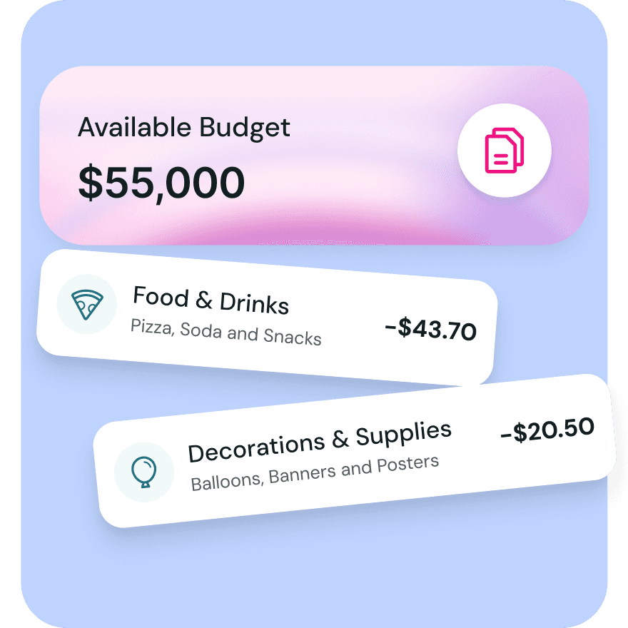 Lounge finance dashboard showing student organization budget tracking, funding requests, and expense management