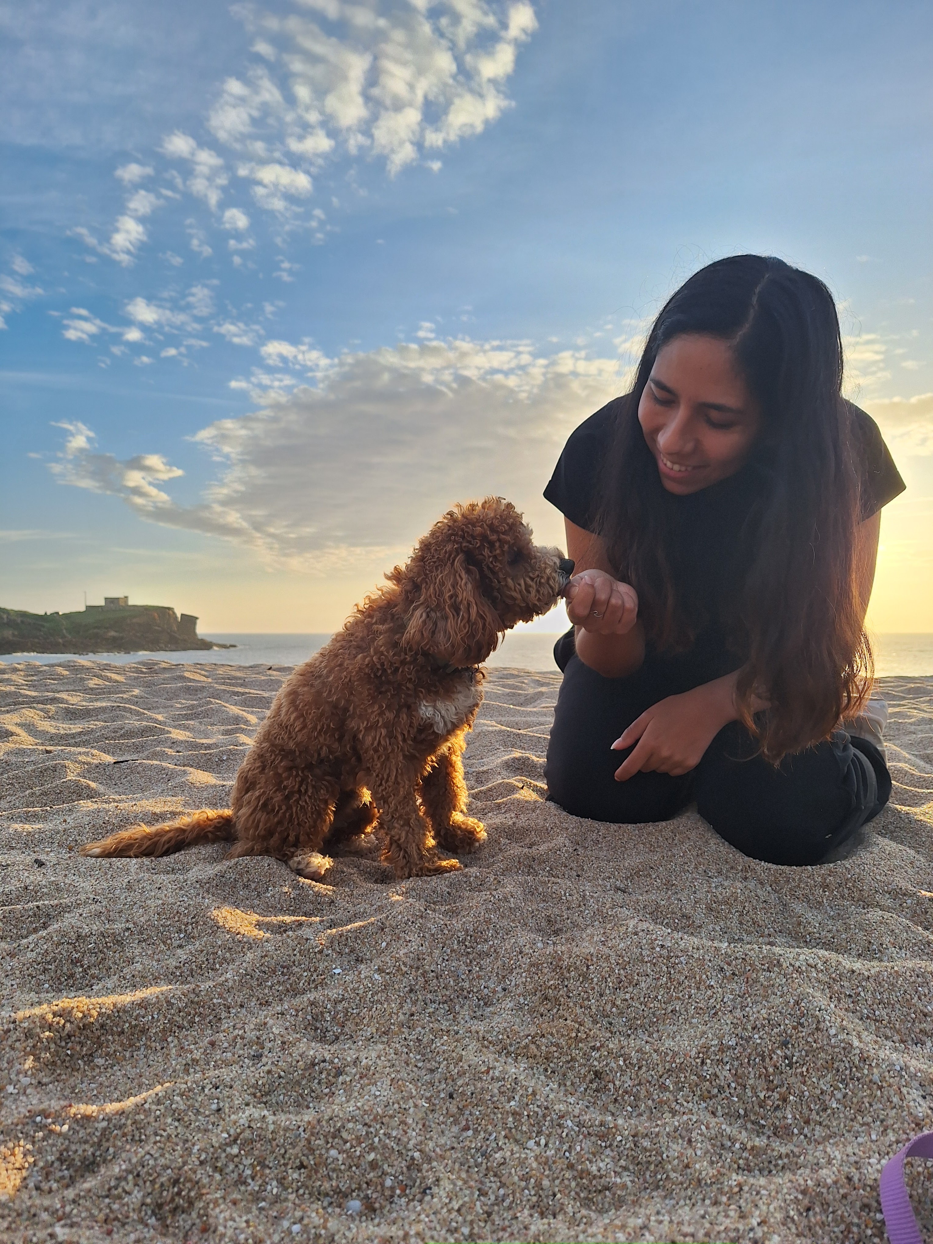 Photo of owner of Wild Souls Coliving Portugal and a medium brown dog