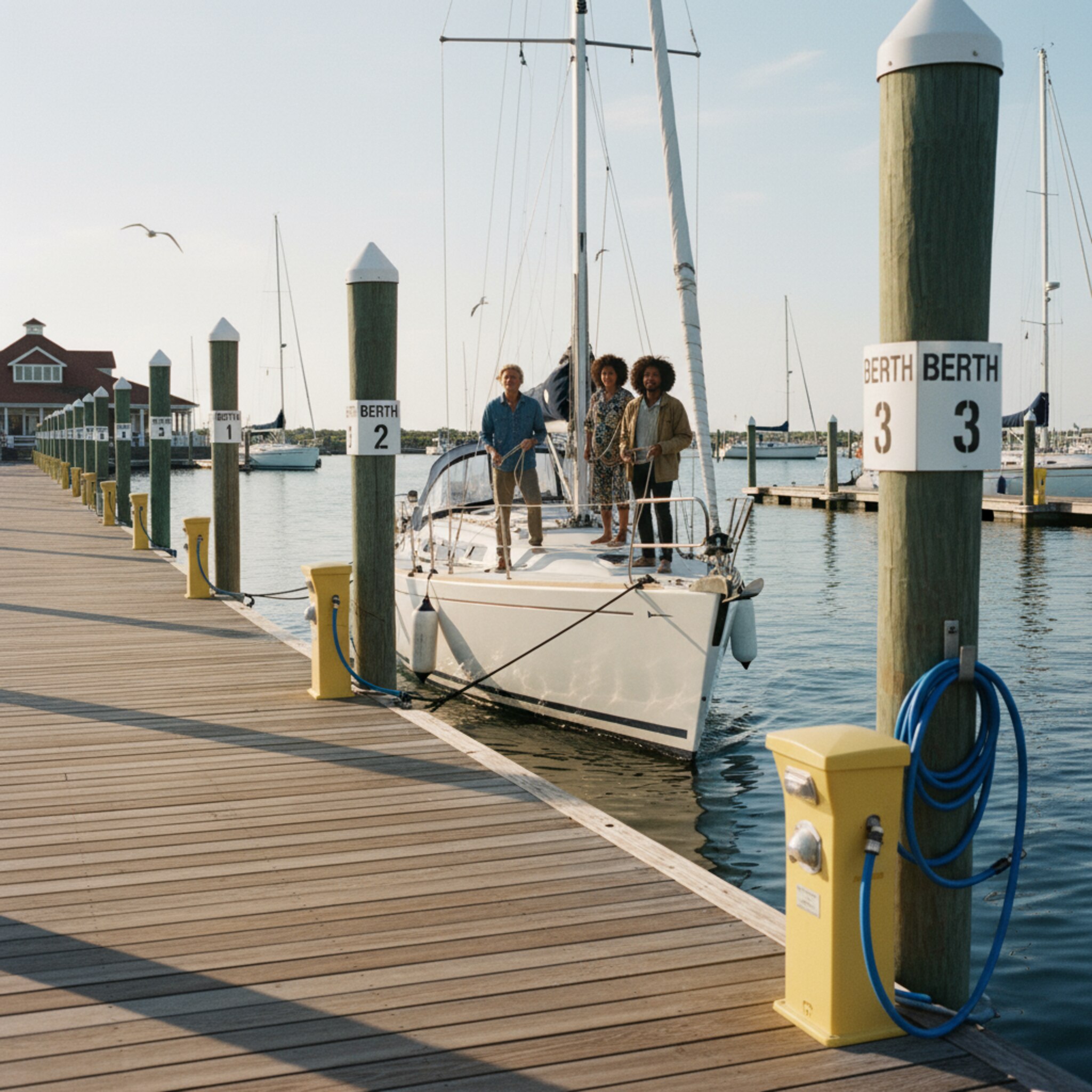 Ein gepflegter Holsteg mit nummerierten Boxen, Klampen blitzen im Sonnenlicht. Ein Gästeboot nähert sich langsam, die Crew hält Leinen bereit. Eine gelbe Stromsäule und ein zusammengerollter Wasserschlauch warten am Rand. Ruhige Wellen schlagen sanft gegen die Dalben, die Szene wirkt geordnet.