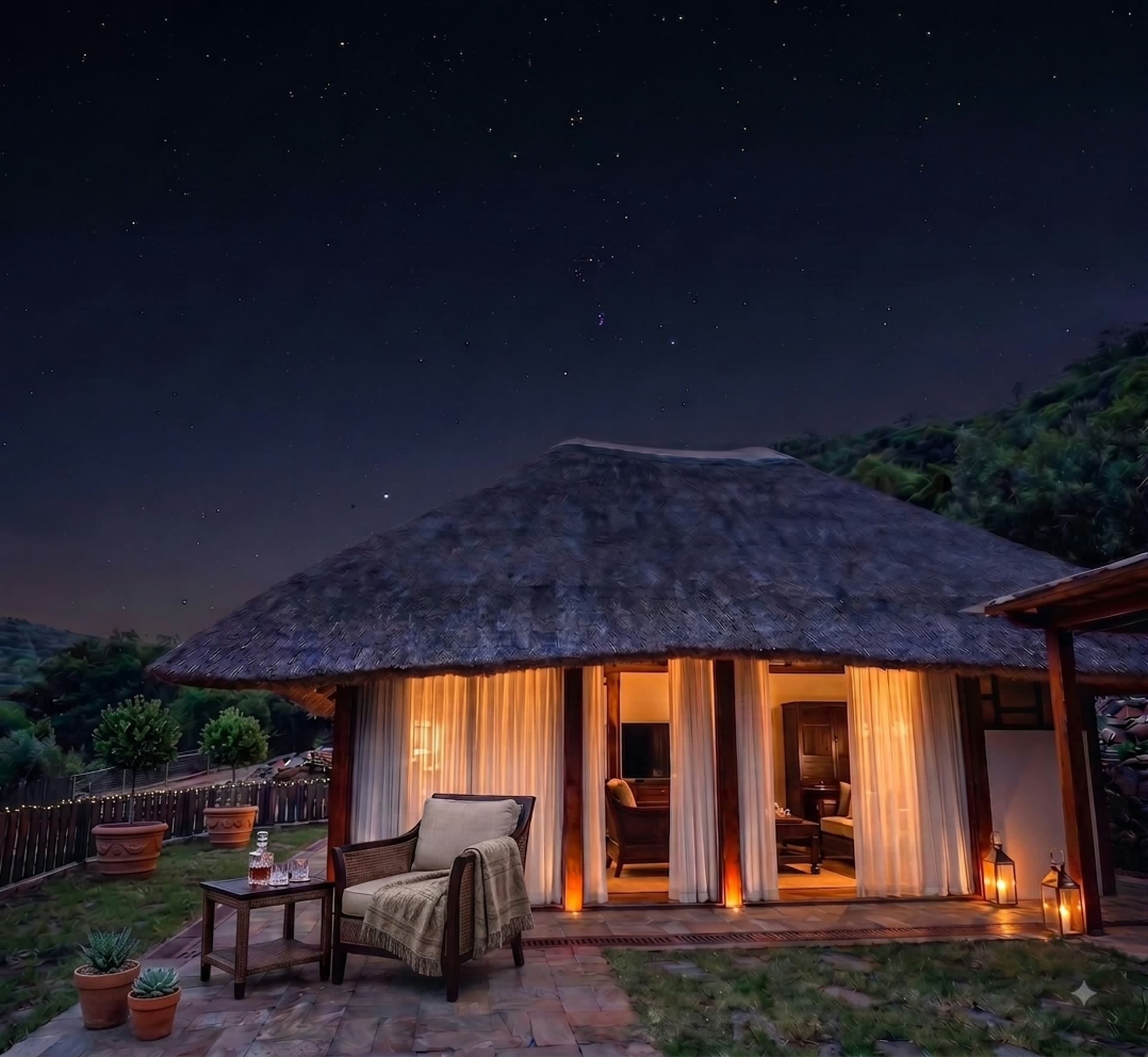 Illuminated villa at night beneath stars