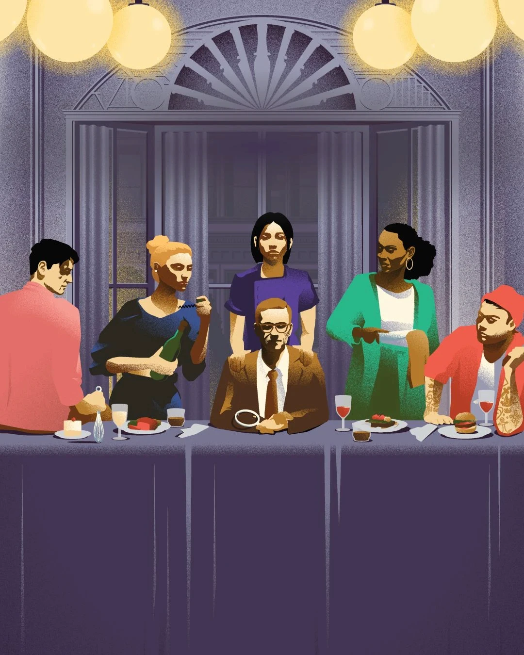 Five suspects gather around a seated detective holding a magnifying glass at a long dinner table under glowing globe lights
