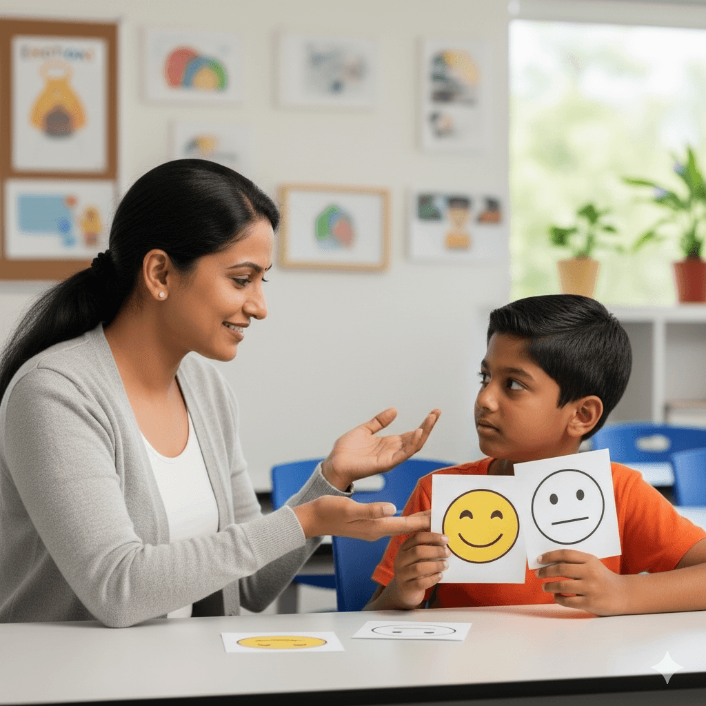 Therapist guiding child in creative play and art therapy