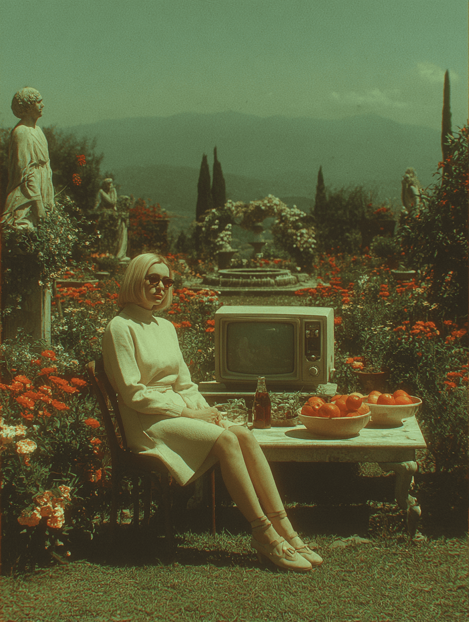 A woman in a cream dress and sunglasses sits in a lush flower garden beside a vintage television, a soda bottle, and a bowl of tomatoes, with classical statues and distant mountains in the background.