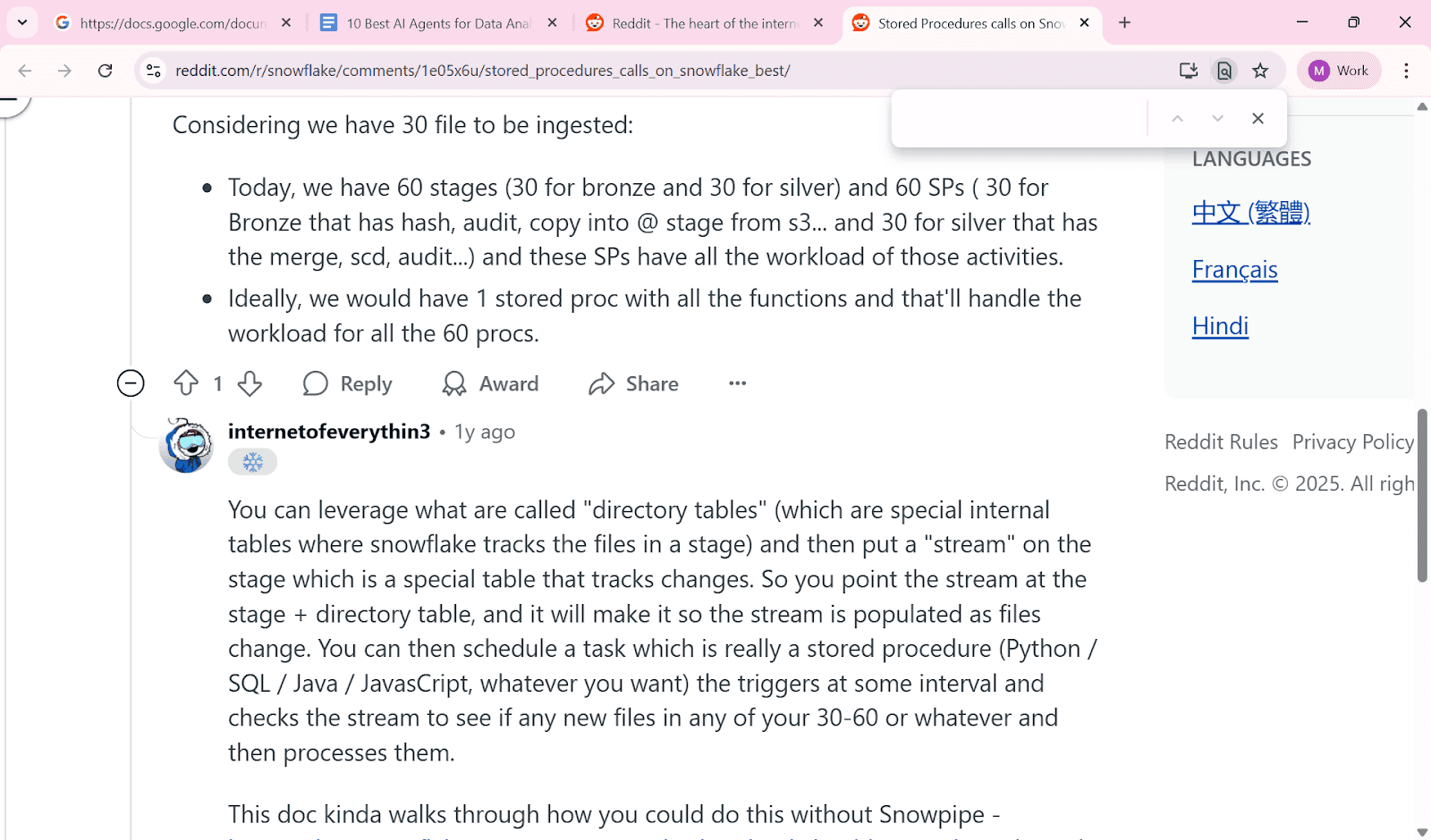 Reddit comment explaining how to use Snowflake directory tables, streams, and stored procedures for file ingestion