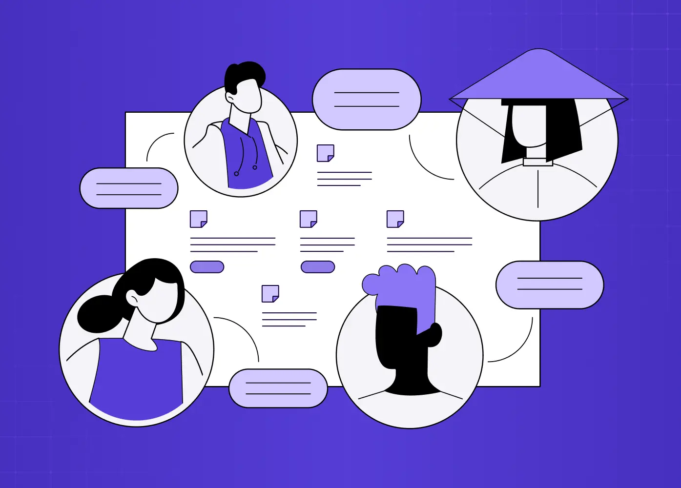 An illustration of an affinity mapping workshop where research notes are grouped collaboratively to identify patterns, themes, and user insights.