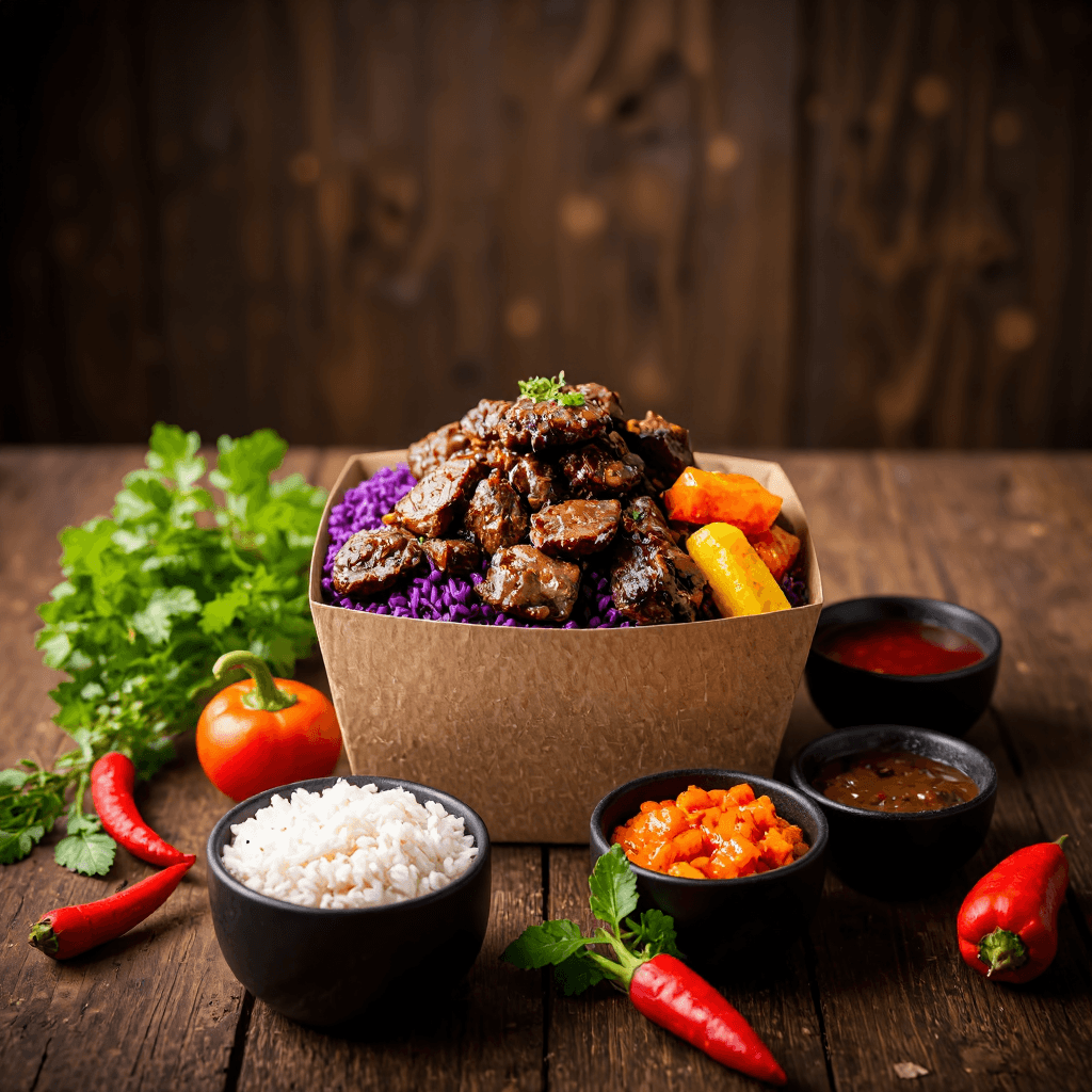product photography of a meal box containing rice, meat, and side dishes