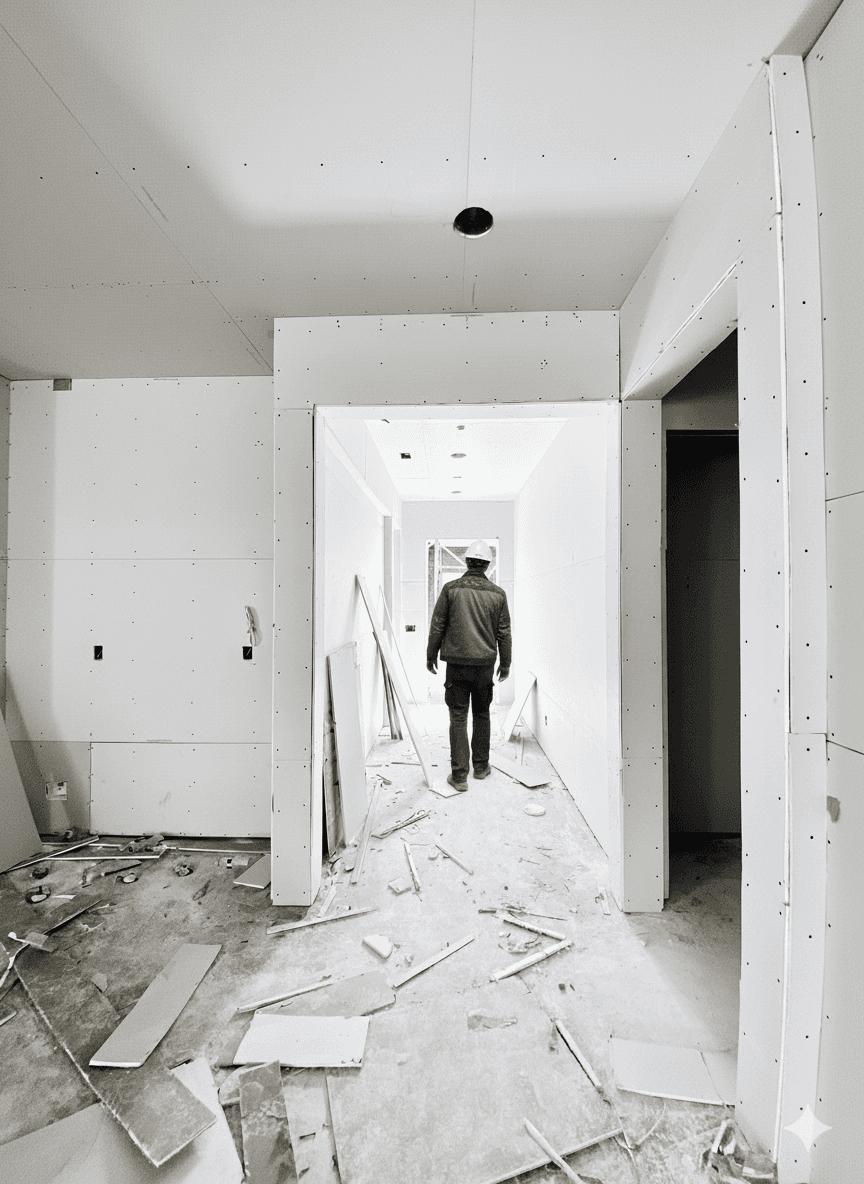 Handwerker bei Trockenbauarbeiten in Wien – Innenausbau eines Wohnhauses durch TUFE Bau.