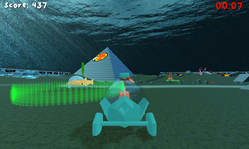 The Bass Pro Pyramid of Memphish is in the back while fish is giving mail to a Hammerhead shark