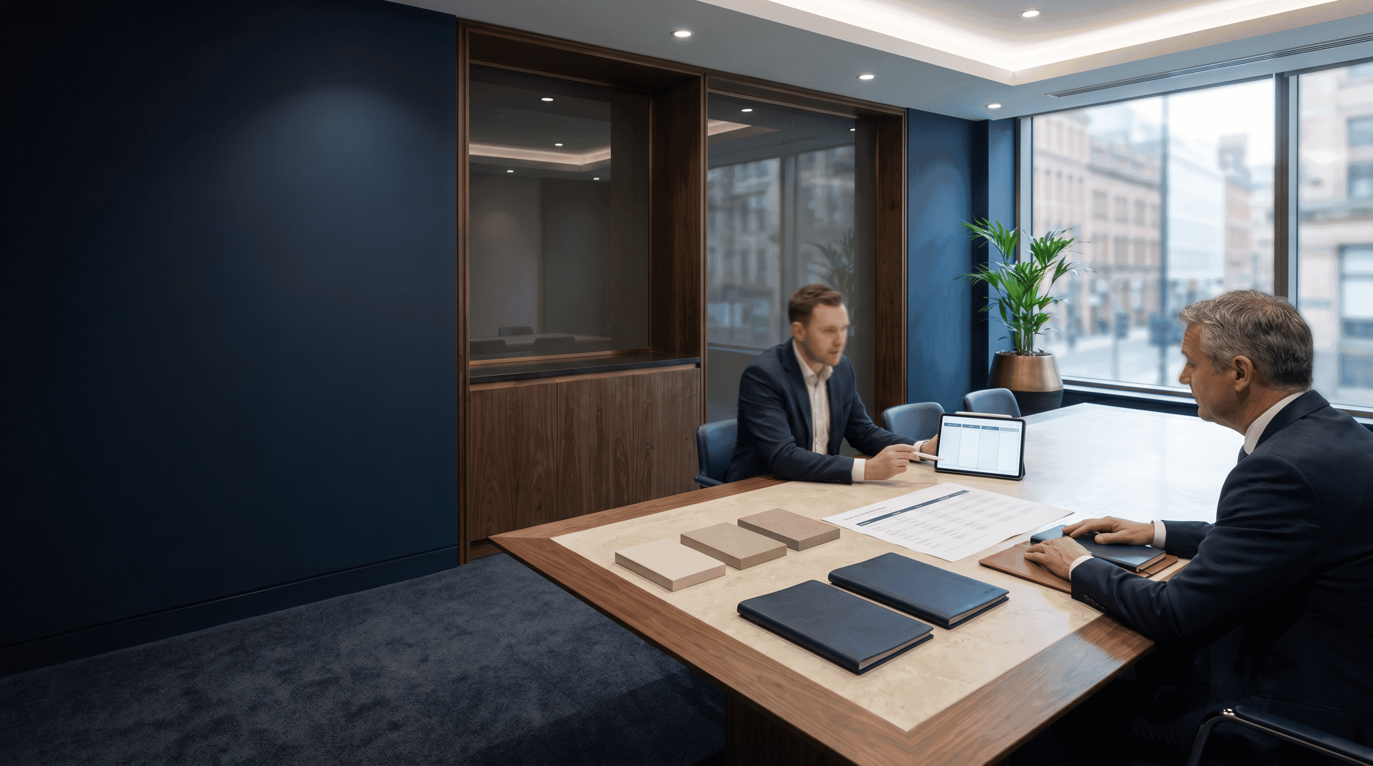 Senior adviser examining supplier material samples and sourcing documents in a refined executive office.