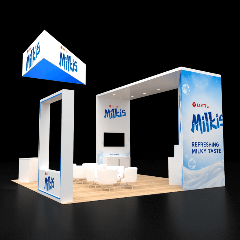 20x20 island exhibit for product sampling and retail buyer conversations