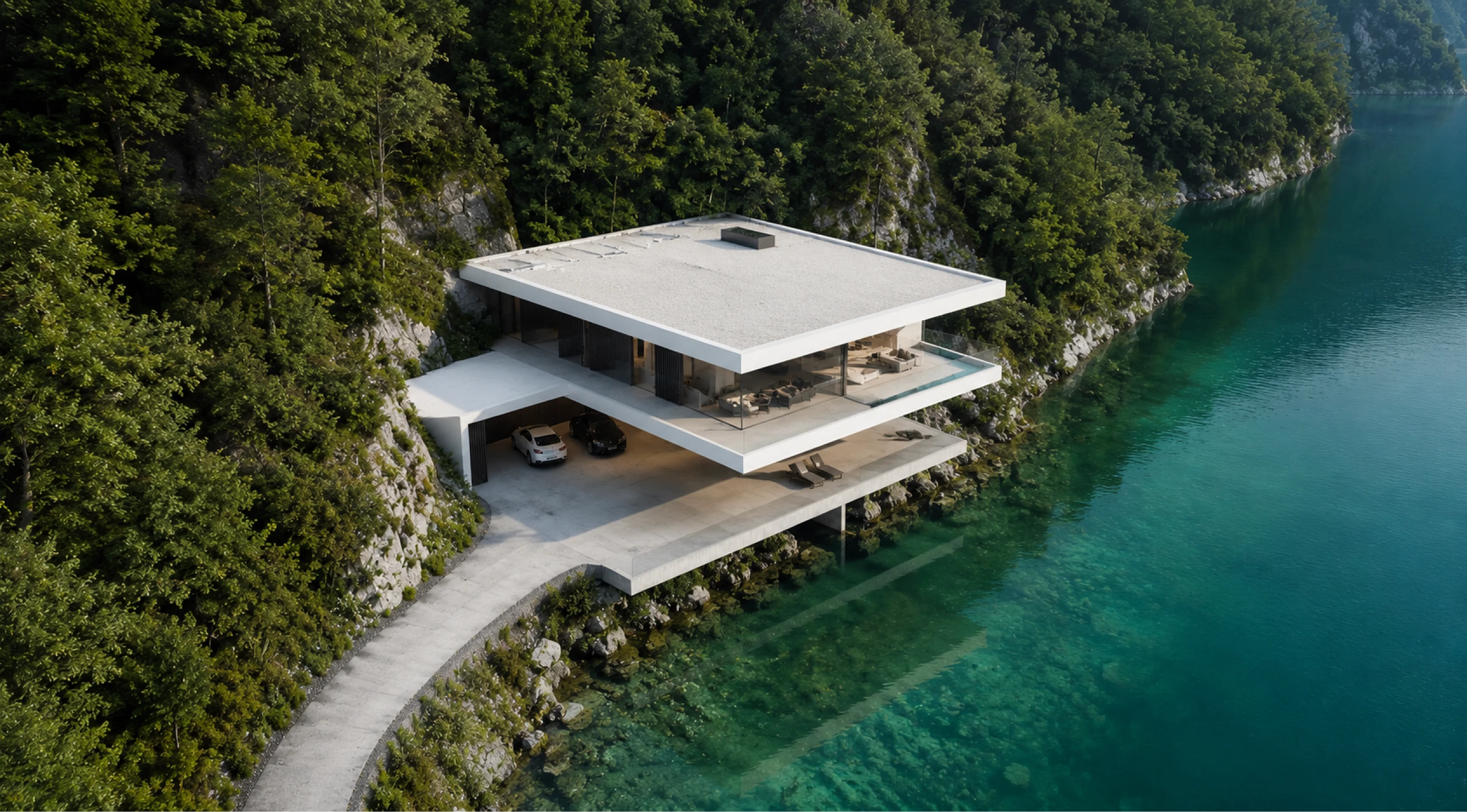 Vista aérea de uma casa moderna construída sobre um lago, cercada por vegetação e com acesso por uma estrada estreita.