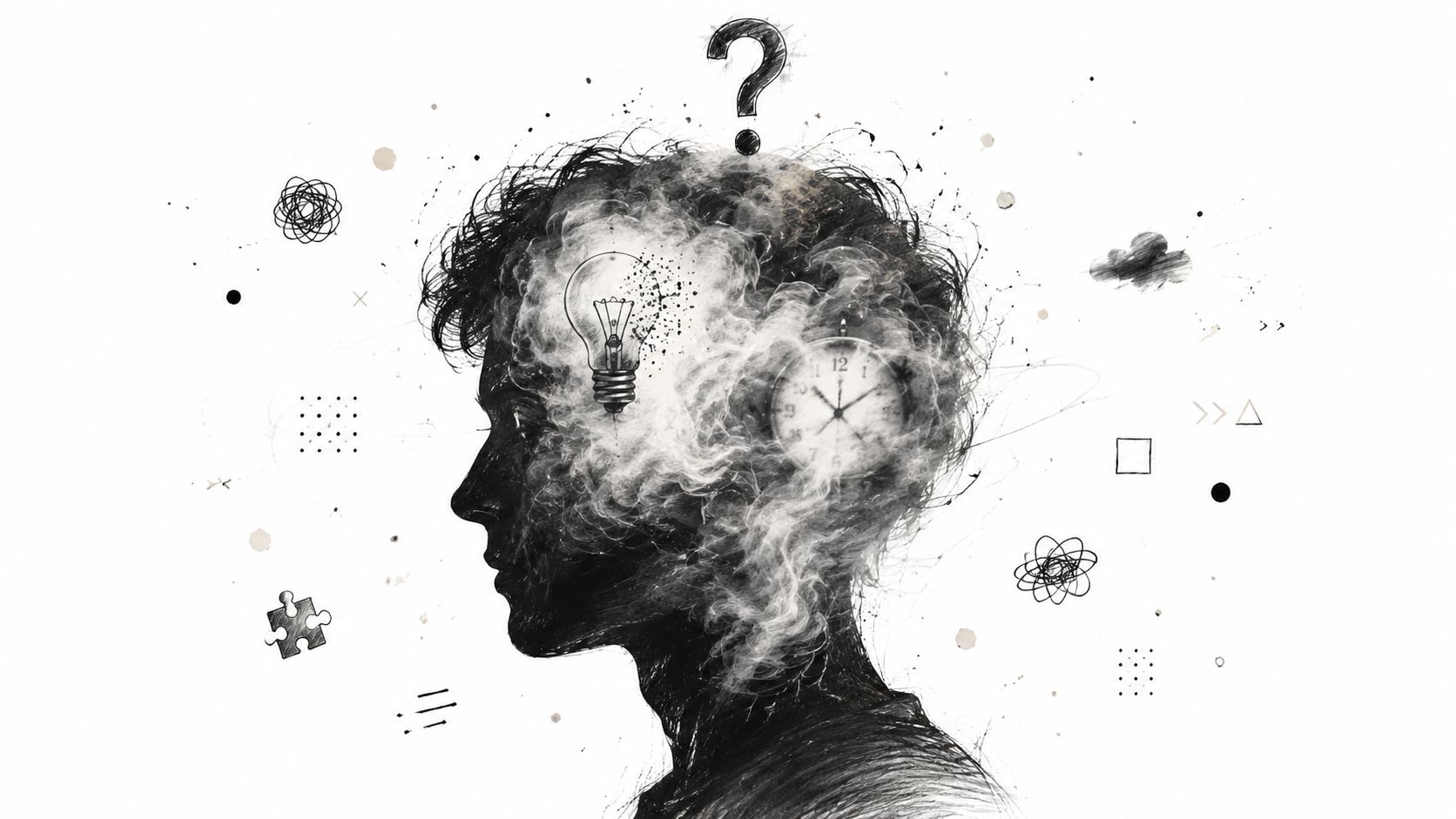 A conceptual illustration of a person's profile with brain fog, a lightbulb, and a clock inside.