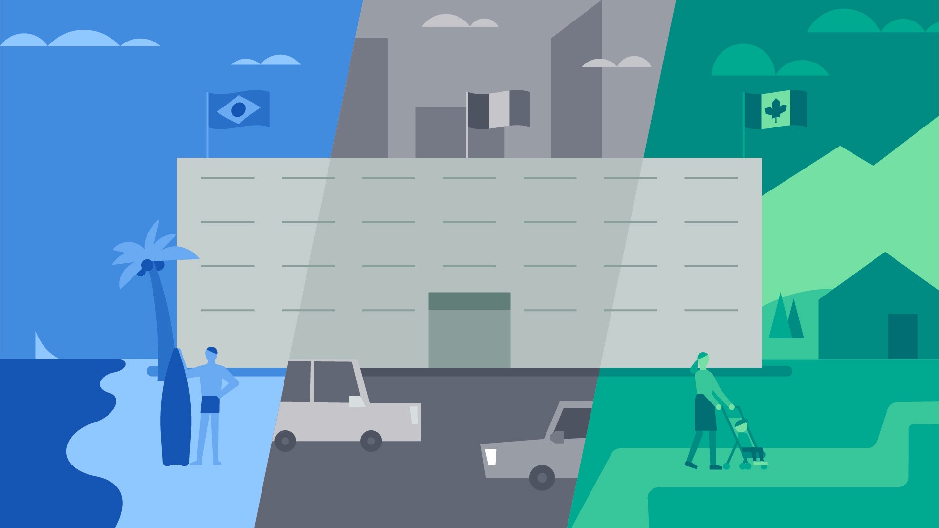 Vector illustration of building split up with three different country backgrounds in three different colors.