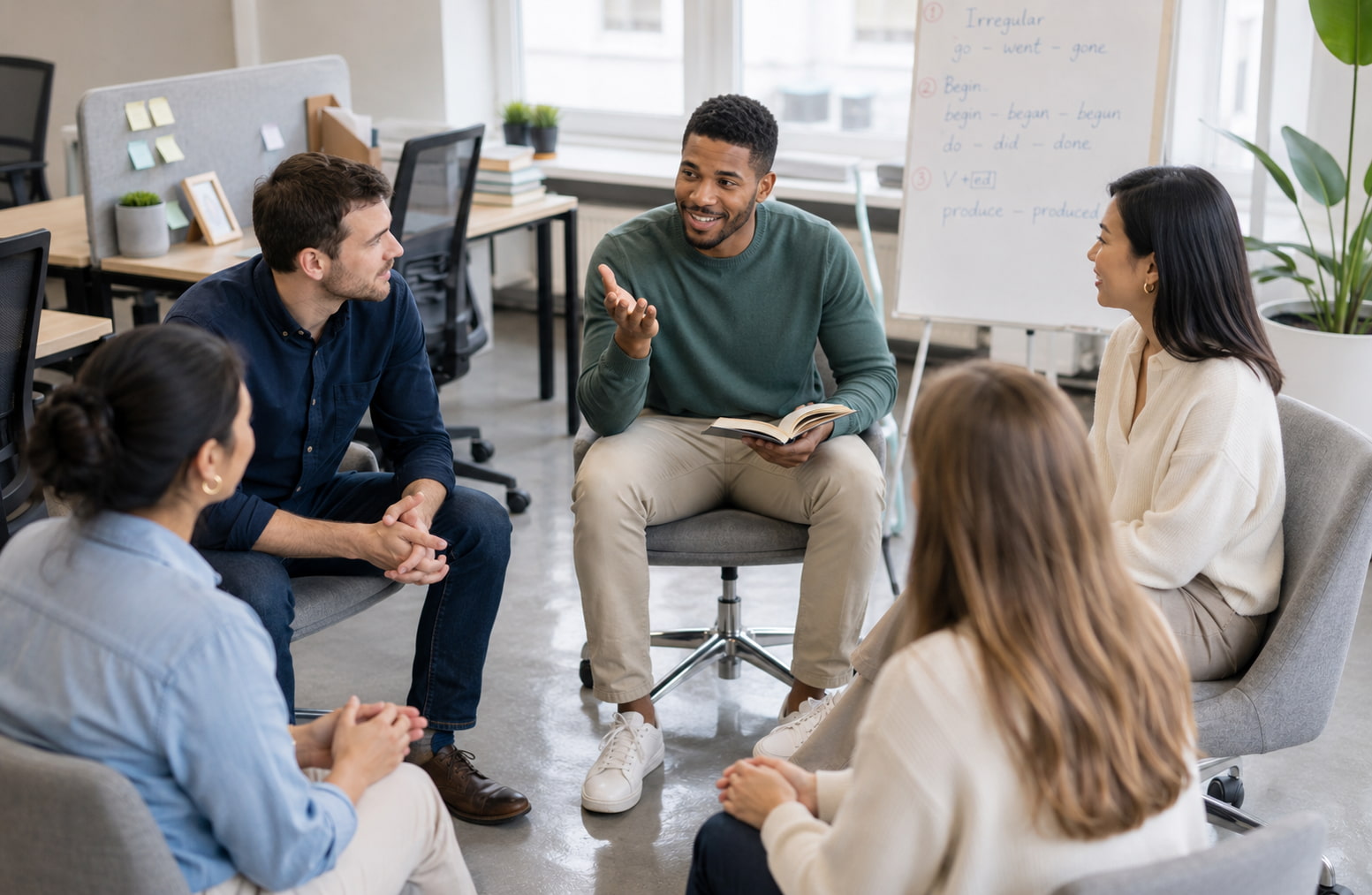Alt text: Group discussion showing interpersonal skills in a collaborative workplace environment