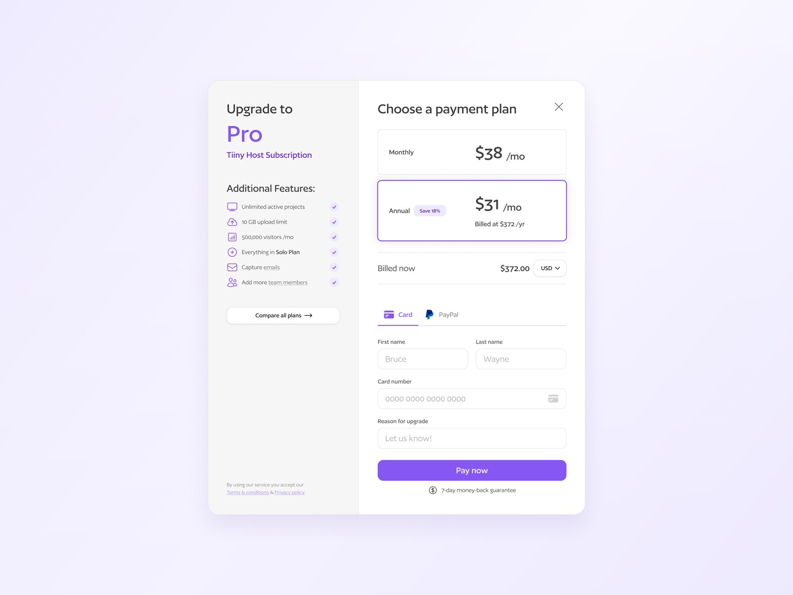 A payment modal containing information about the user's new subscription, pricing plan options, and a form to enter payment details