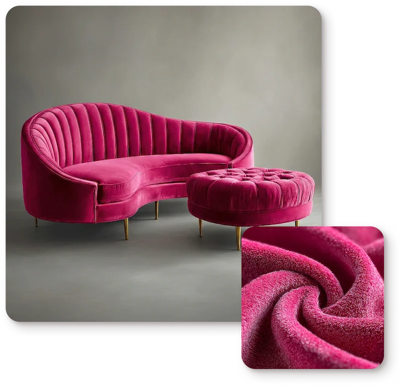 Neon pink velvet couch and fabric swatch