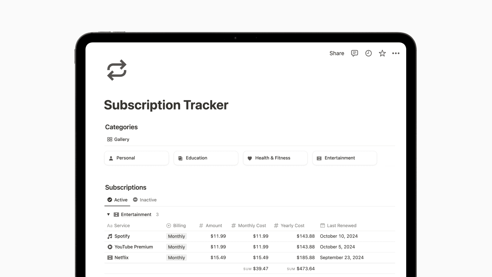 Subscription Tracker Notion Template