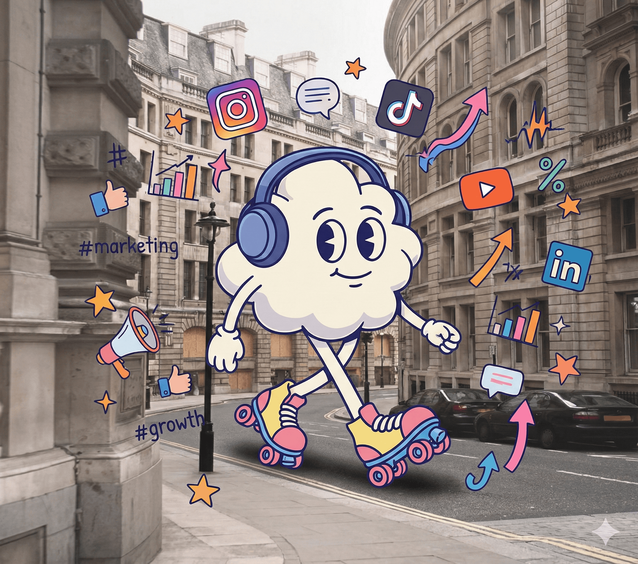 A playful cloud mascot skates in a city scene filled with marketing icons, showcasing AI comics for brand storytelling.
