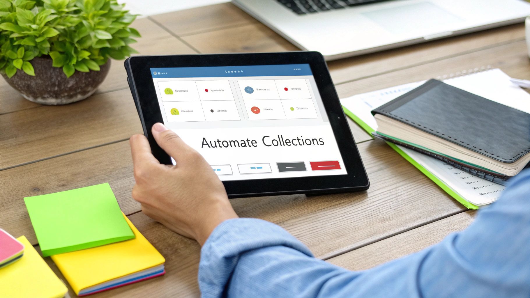 Person holding a tablet displaying 'Automate Collections' with a plant, laptop, and notebooks on a wooden desk.