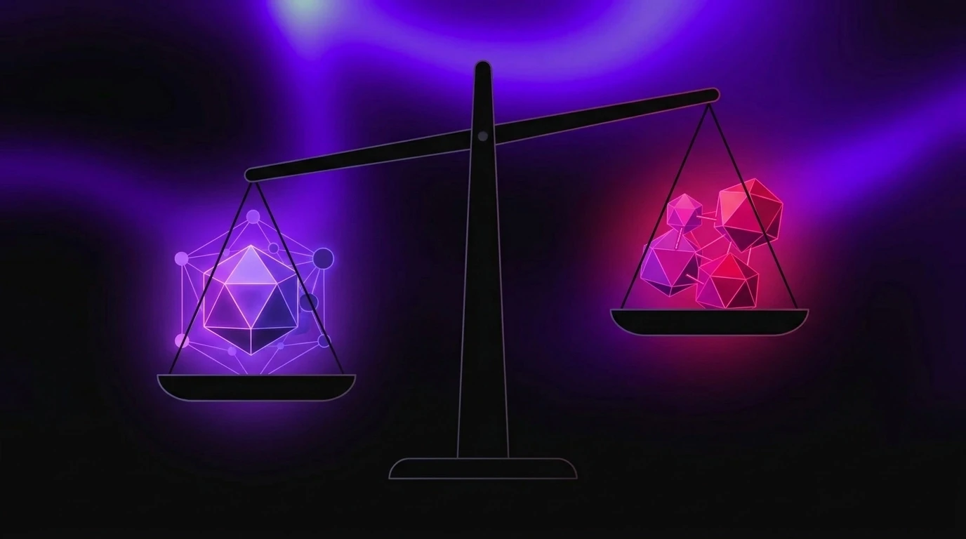 A minimalist vector illustration of two geometric structures on a balance scale. One side is glowing with violet light, the other with magenta. Deep black background. Sleek, digital aesthetic with luminous gradient overlays and soft glows.
