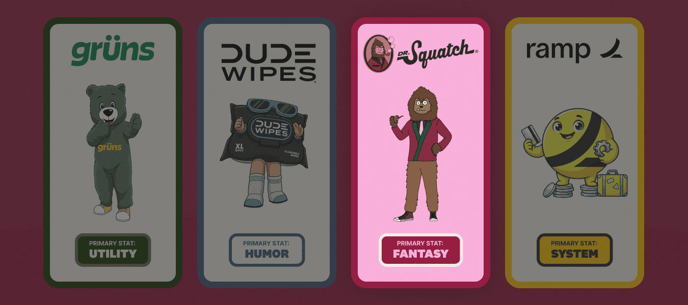 Brand character cards with Dr. Squatch emphasized, illustrating fantasy-driven branding supported by product performance.
