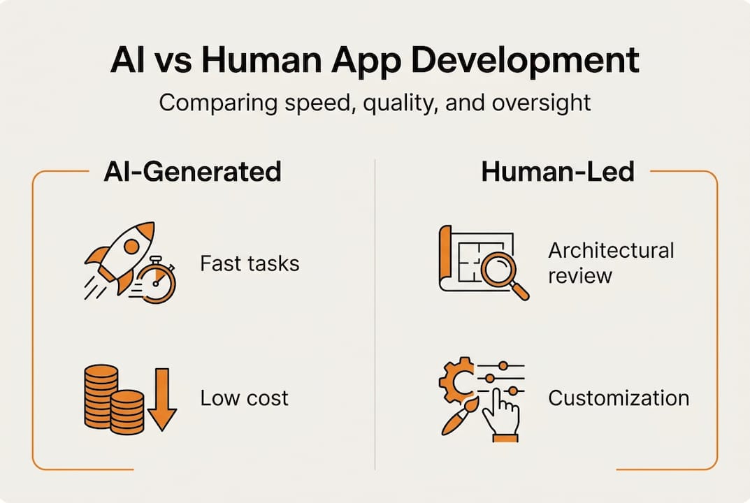 Infographic comparing AI and human app development