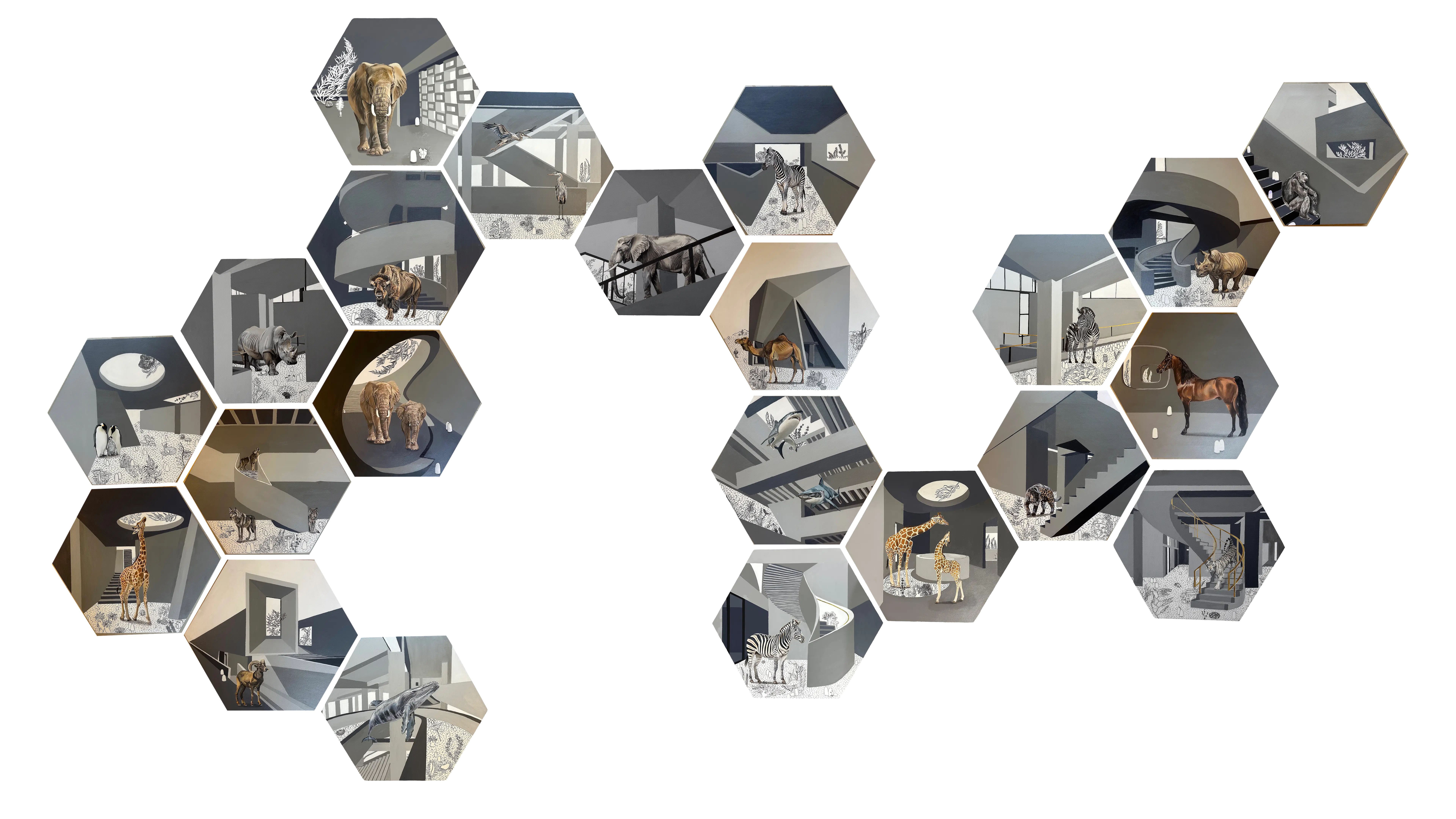 A mosaic of hexagonal panels forming an installation titled Tropico Mall, each panel showing a different animal (giraffe, zebra, elephant, horse, penguin, rhino) placed within brutalist architectural interiors. Stark greys contrast with hand-drawn botanical motifs embedded in the floors and walls.