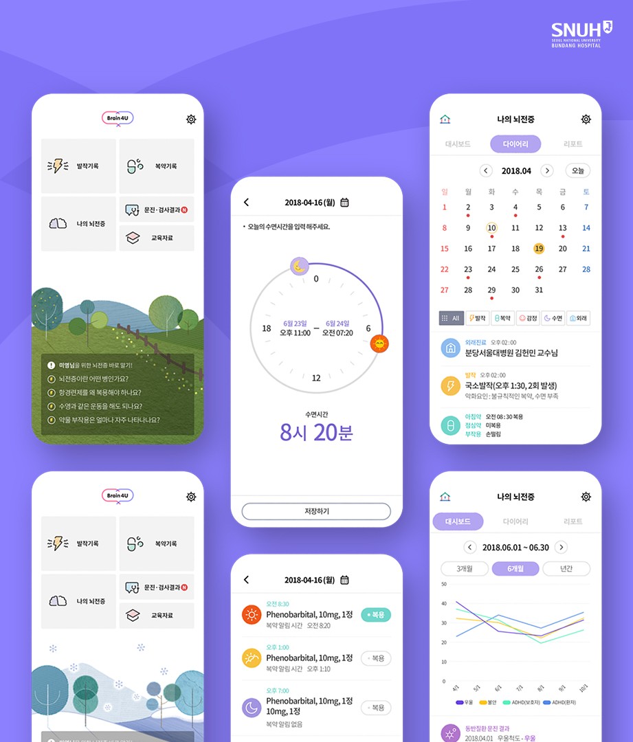 복약 일정, 증상 기록, 데이터 그래프를 포함한 뇌전증 관리 앱 화면 구성