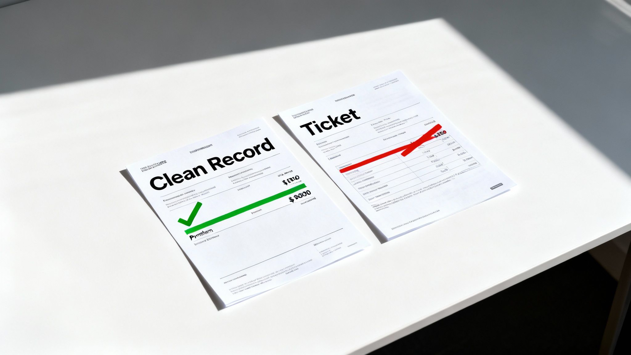 Two documents on a white table: a 'Clean Record' with a green checkmark and a 'Ticket' with a red cross, illustrating driving records.