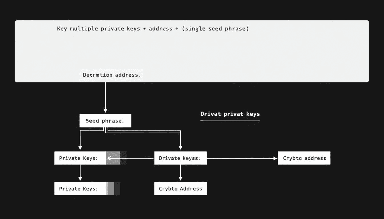 The diagram illustrates how a single seed phrase generates multiple private keys and addresses, demonstrating the relationship between a unique seed phrase and the various private keys it can create for secure digital asset management. It emphasizes the importance of storing your seed phrase safely to regain access to your crypto wallet and protect against loss.