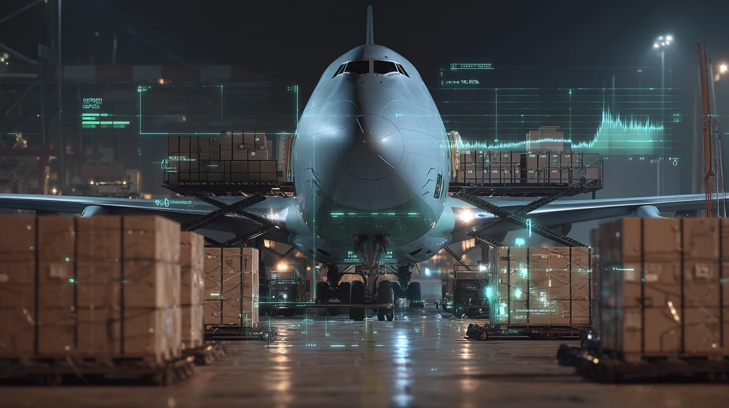 Cargo aircraft on an airport ramp surrounded by freight pallets and digital data overlays, representing real-time visibility, air cargo coordination, and intelligent aerospace logistics operations.
