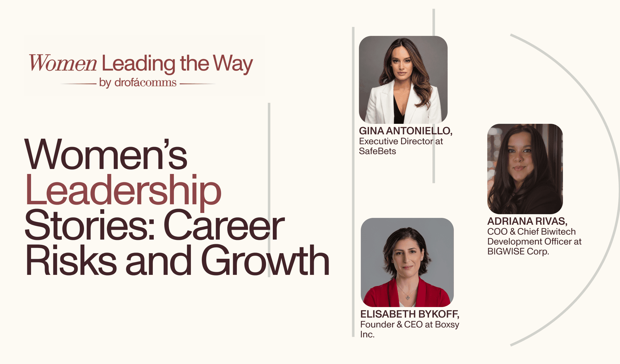 Women Leading the Way cover featuring Gina Antoniello, Elisabeth Bykoff, and Adriana Rivas sharing women's leadership stories.