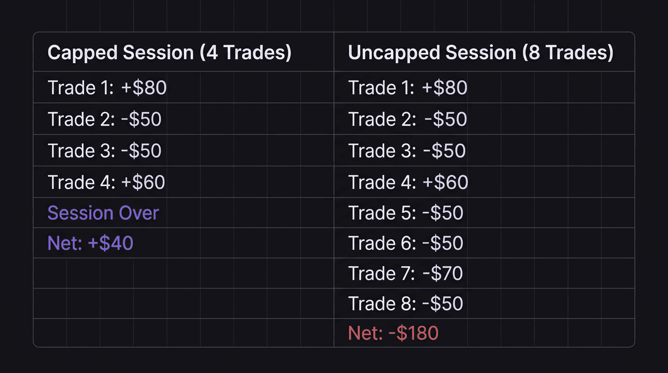 Comparison table showing a capped session versus an uncapped session with trade count, P&L, and outcome