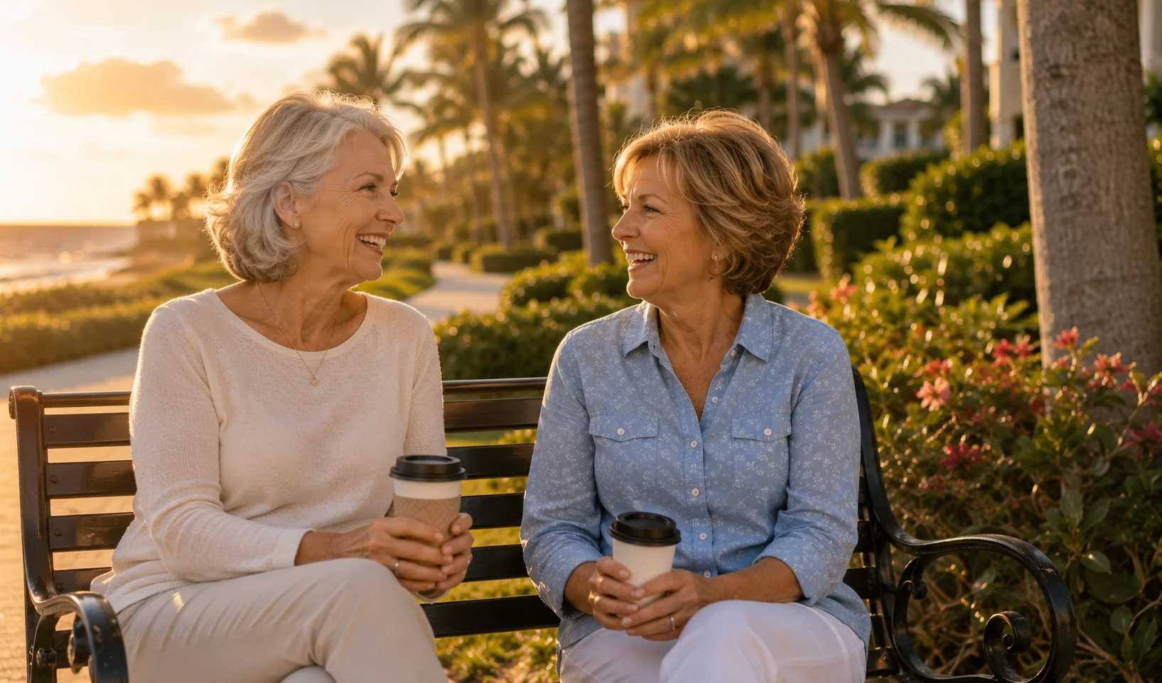 Two older women smiling while sitting together on a park bench at sunset in Naples, Florida, representing restored mobility, lasting friendships, and an active lifestyle following spinal stenosis surgery at Florida Orthopedic & Spine Institute.