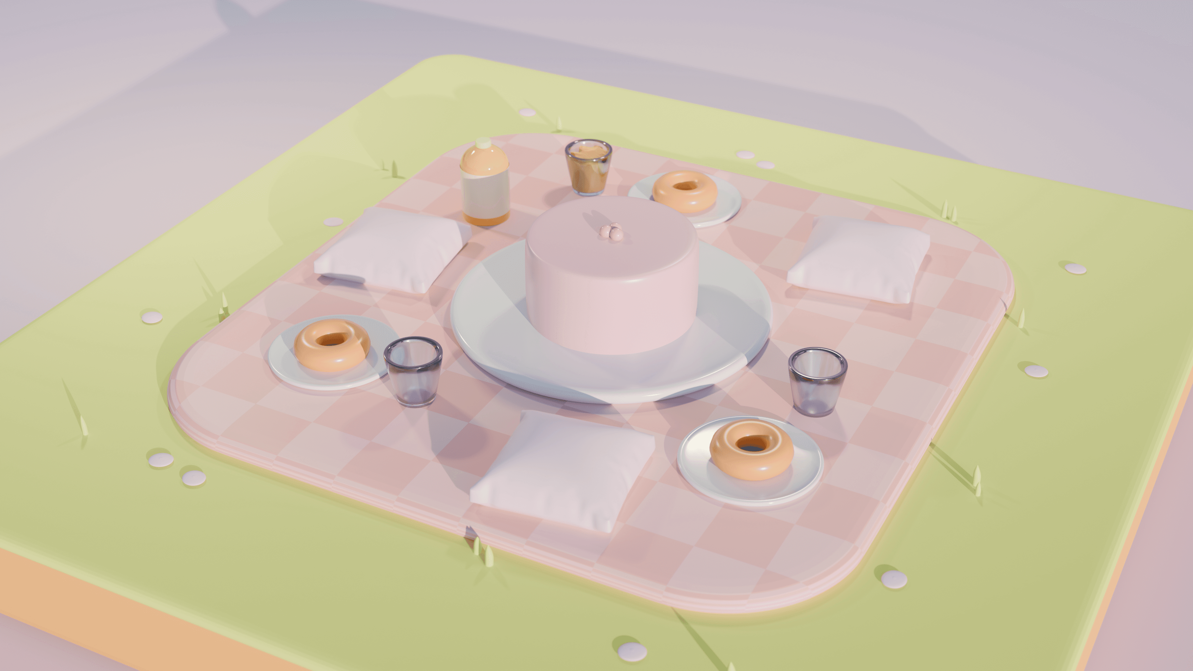 A 3D model of a pink cake on a picnic blanket
