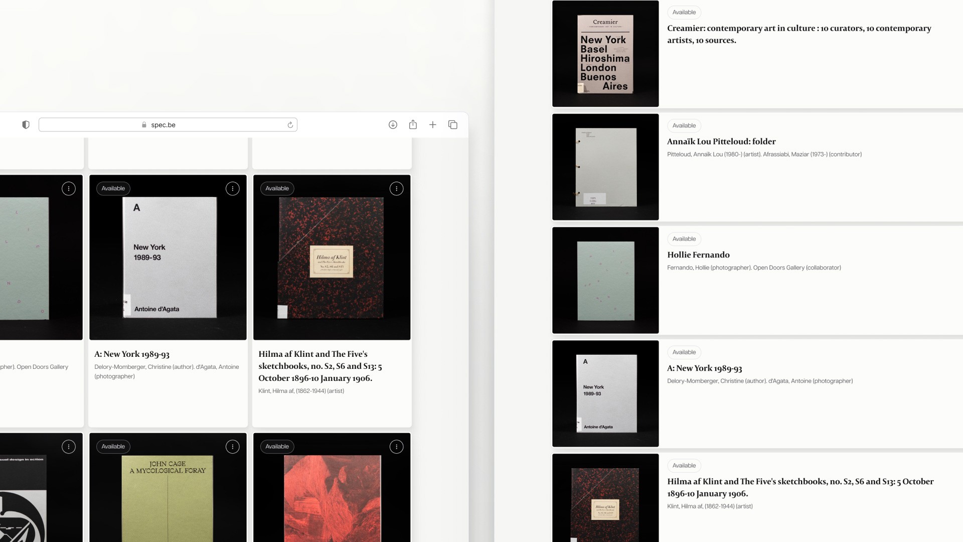 Een screenshot die de overzichtspagina van de website toont in zowel desktop- als mobiele weergave. De desktopkant toont een grid van boekomslagen met titels als "A: New York 1989-93". De mobiele zijde rechts toont een verticale lijst met dezelfde items, elk voorzien van een "Available" label en een korte beschrijving.