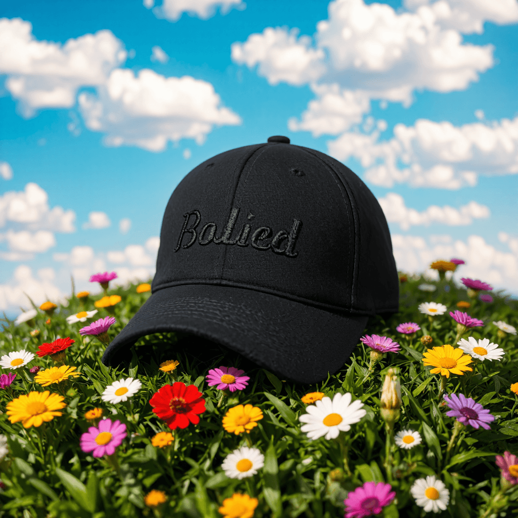 product photography of a cap with embroidered text