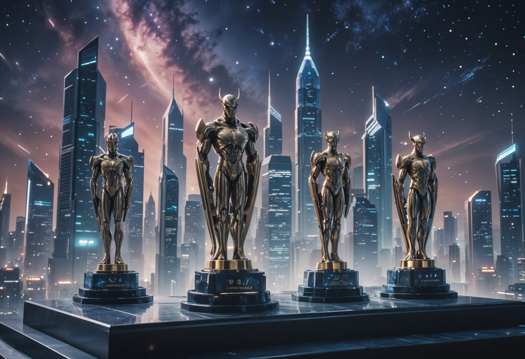 An Image of four sci-fi themed awards trophies on a black podium, set against a sci-fi city background.