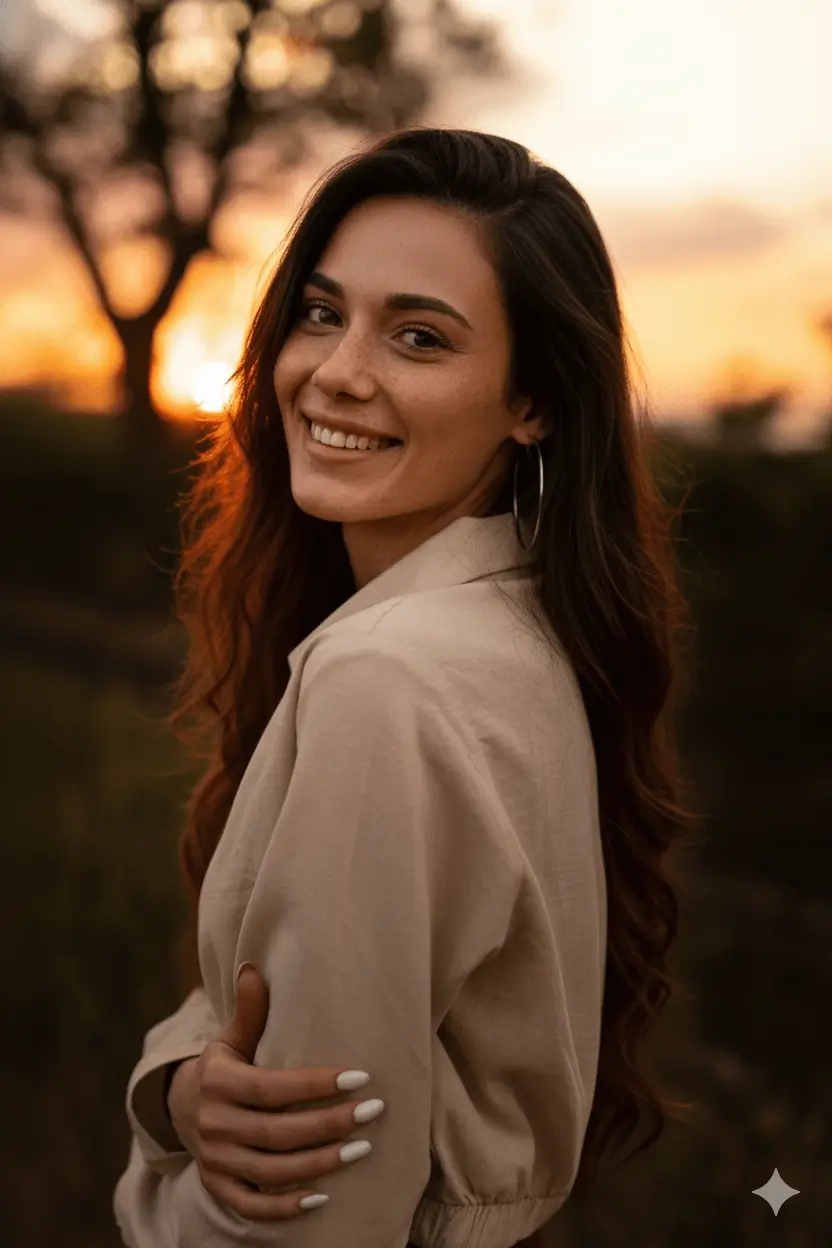 AI-generated female nature golden hour outdoor portrait with sunset landscape, young woman with bright smile in white casual blouse against warm golden evening light by Mahendra
