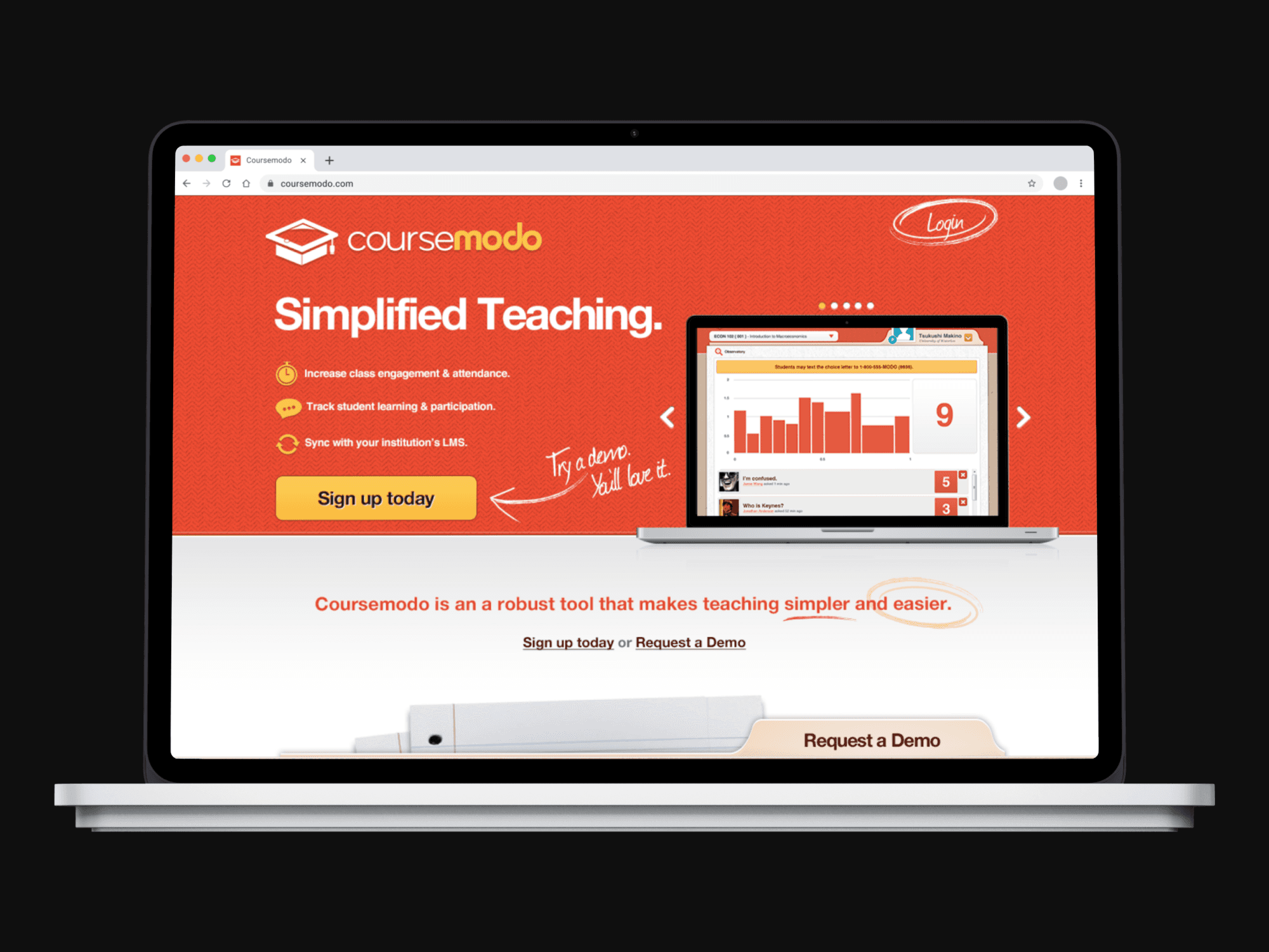 Coursemodo launch landing page in a Macbook laptop