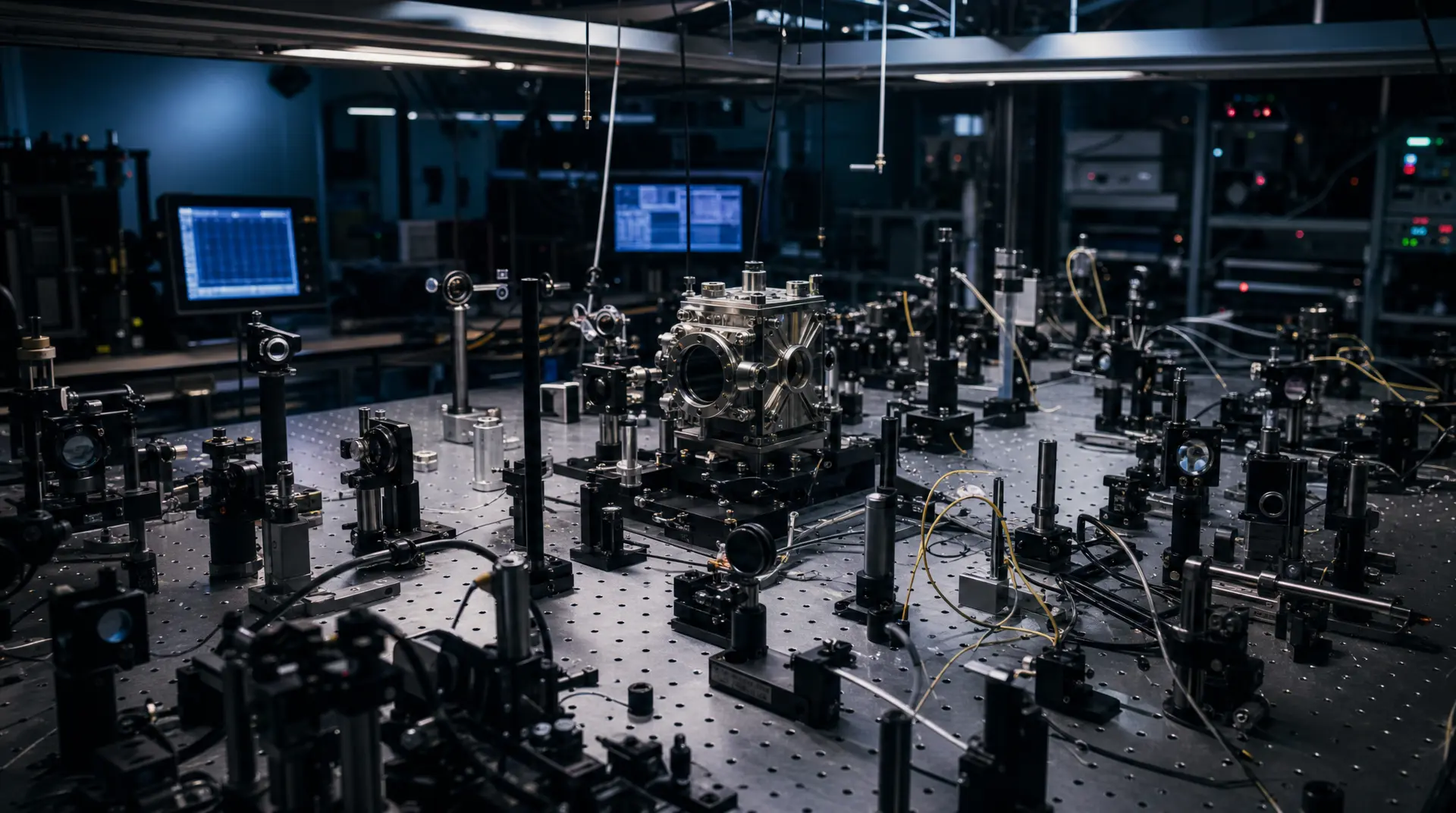 Precision semiconductor testing apparatus on a lab bench with connected sensors and display screens, supporting hardware startup go to market strategy storytelling.