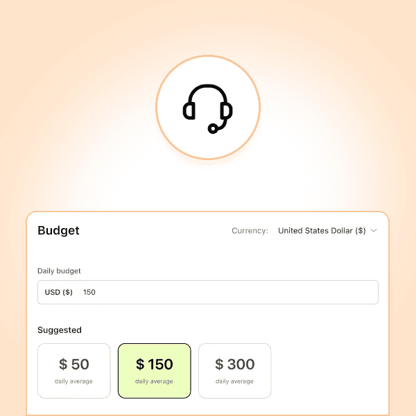 Support interface with headset icon and budget selection options of $50, $150, and $300