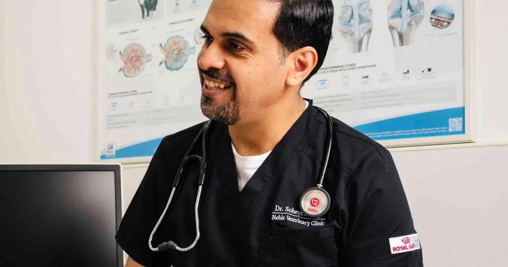 Dr. Soheyl Simaei, dressed in Noble Veterinary Clinic attire, prepares to analyze test results and communicate them clearly to a concerned pet owner.