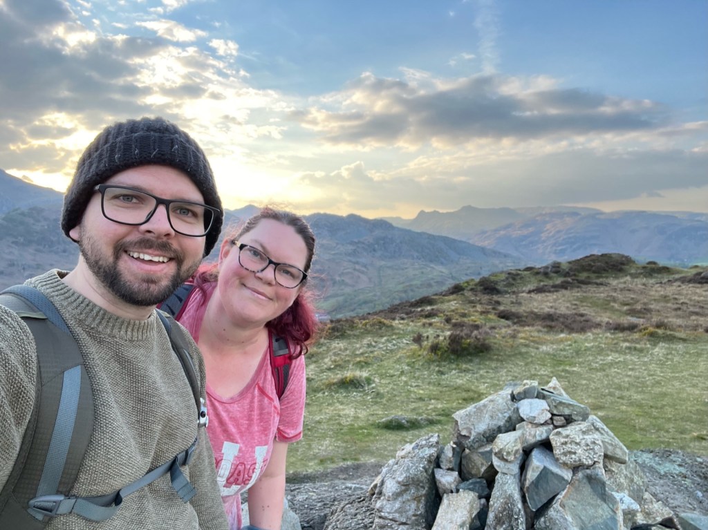 A selfie of Martin and April at the cairn on Holme Fell.