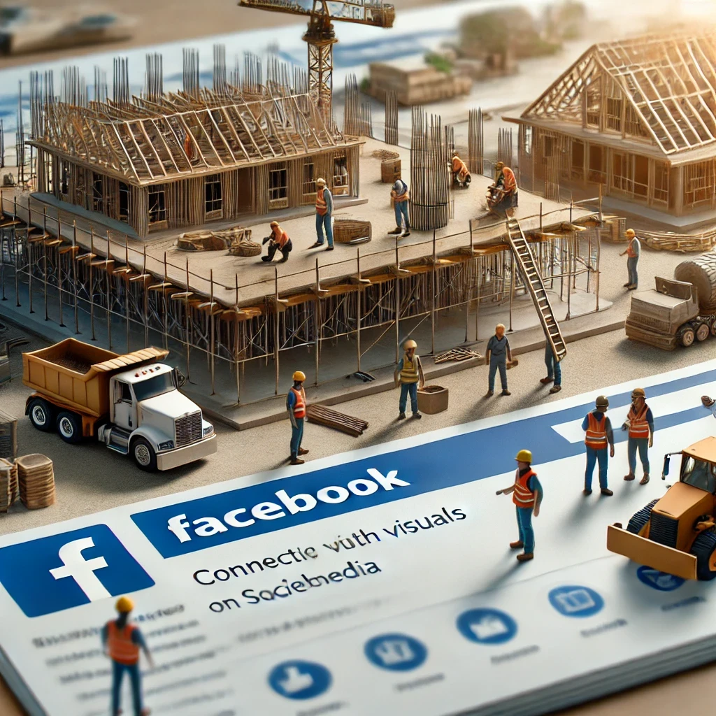 Une image montrant un chantier avec des ouvriers en sécurité, des équipements et des bâtiments en construction, symbolisant la promotion de projets BTP sur Facebook.